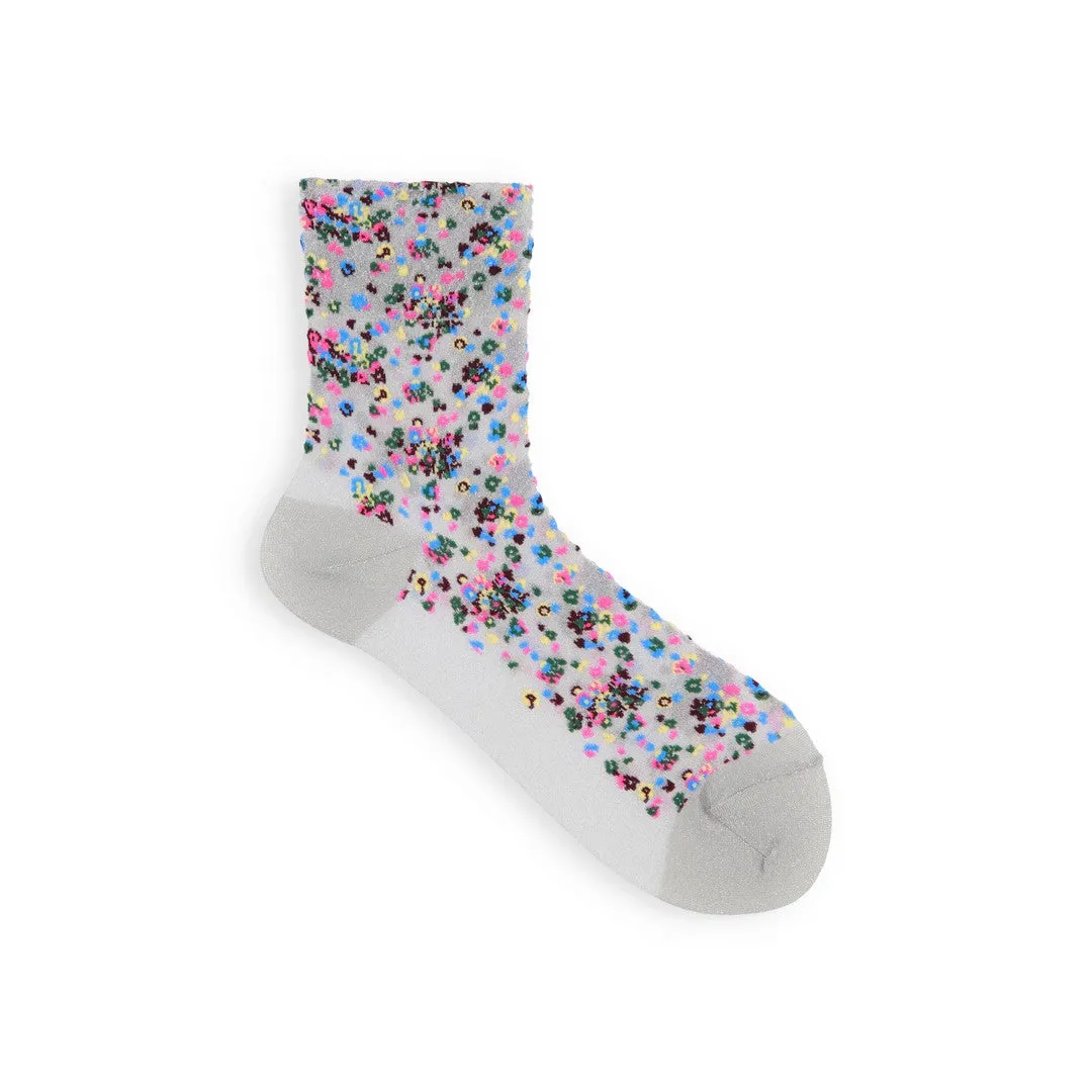021132479 Sheer Lamé Mosaic Flower Low Crew Socks