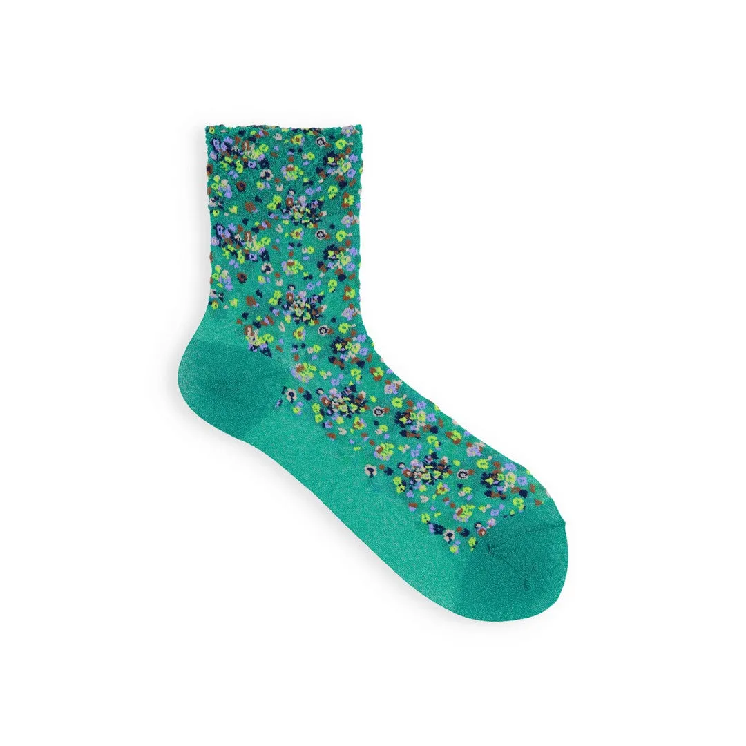 021132479 Sheer Lamé Mosaic Flower Low Crew Socks
