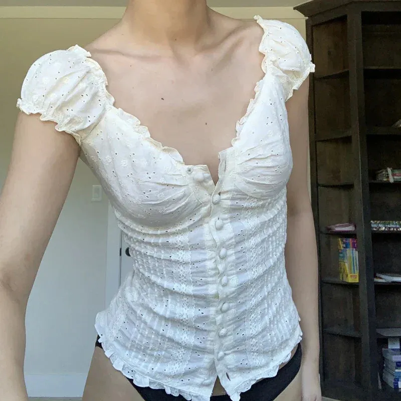 90s Vintage Button-Up Crop Top – Fairy Grunge Y2K Aesthetic White Frill Tee From Kawaii Stop