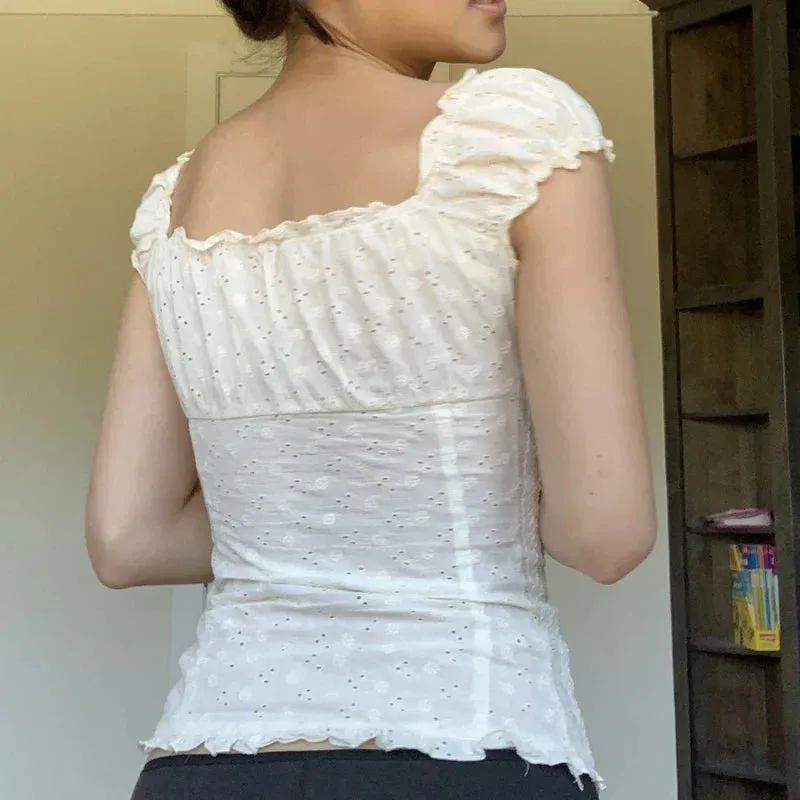90s Vintage Button-Up Crop Top – Fairy Grunge Y2K Aesthetic White Frill Tee From Kawaii Stop