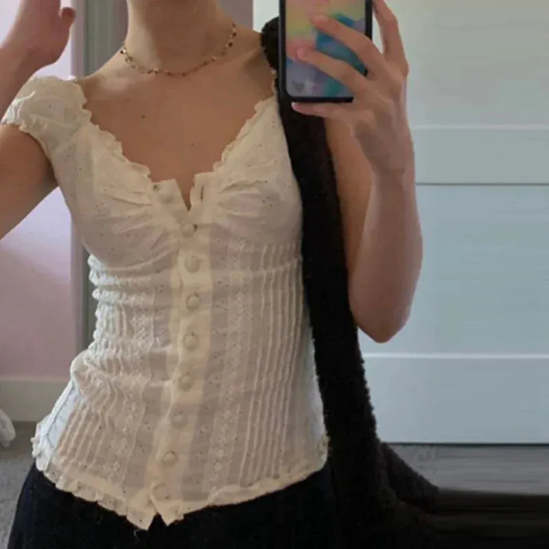 90s Vintage Button-Up Crop Top – Fairy Grunge Y2K Aesthetic White Frill Tee From Kawaii Stop