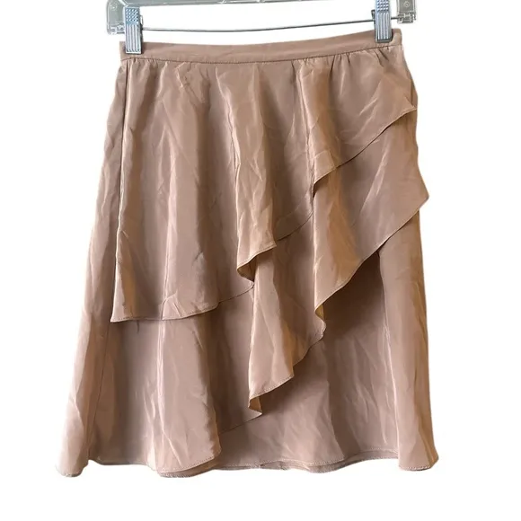Amanda Uprichard Gold Tan Ruffle Tiered Mini 100% Silk Skirt Sz P XS 0-2