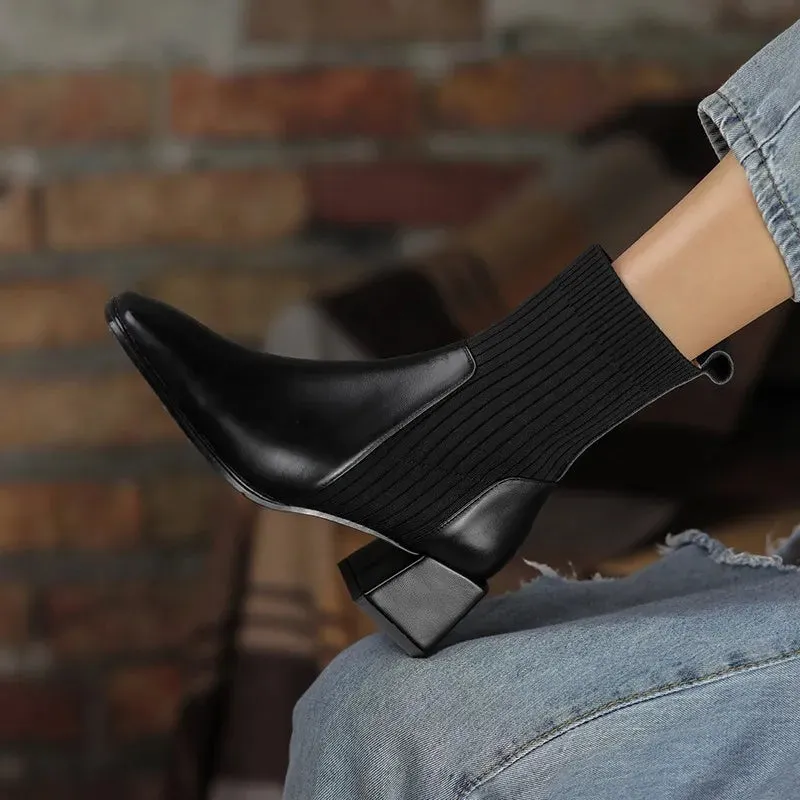 Ankle Boots for Women Fashion Knitted Fabric Upper Shaft Short Boots Women Slip On Square High Heel Boots