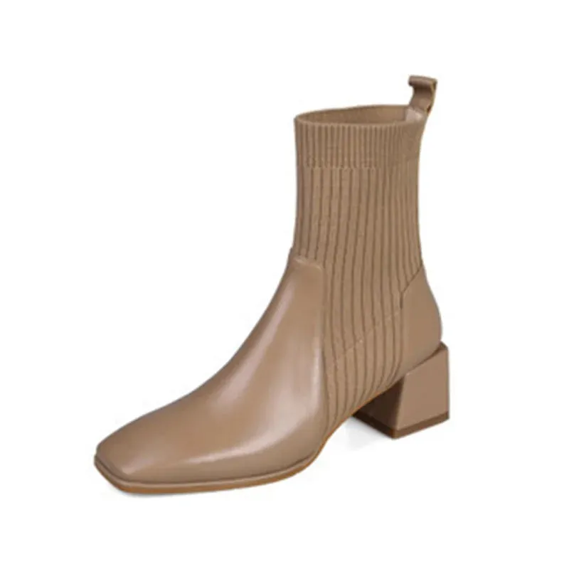Ankle Boots for Women Fashion Knitted Fabric Upper Shaft Short Boots Women Slip On Square High Heel Boots