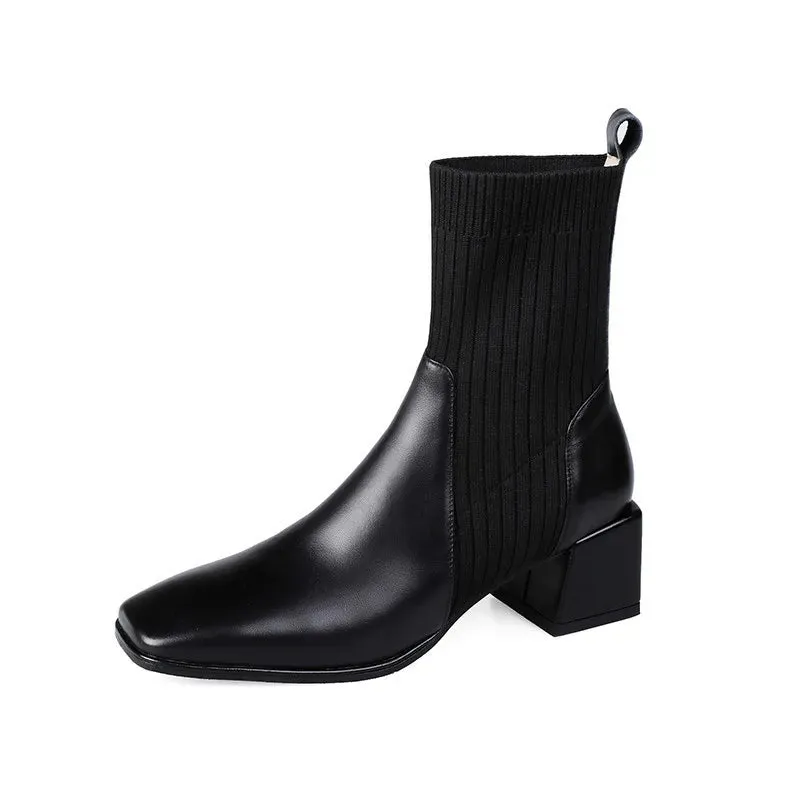 Ankle Boots for Women Fashion Knitted Fabric Upper Shaft Short Boots Women Slip On Square High Heel Boots