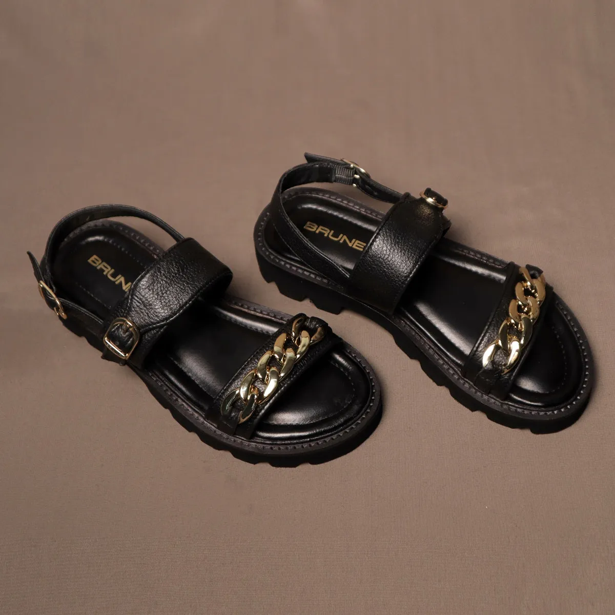 Black Sandal With Golden Finish Chain Embellished
