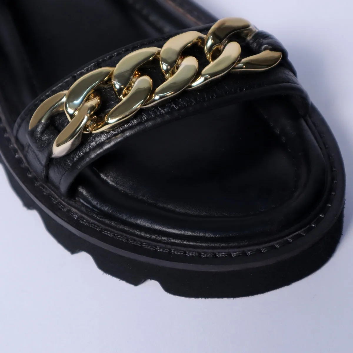 Black Sandal With Golden Finish Chain Embellished