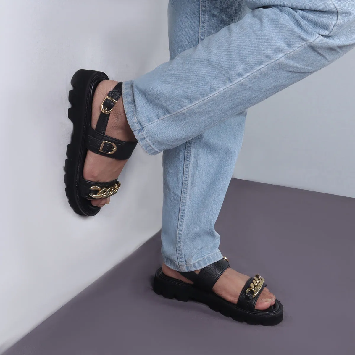 Black Sandal With Golden Finish Chain Embellished