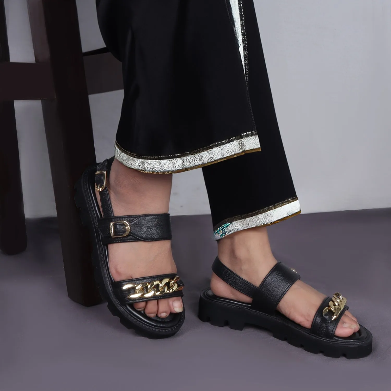 Black Sandal With Golden Finish Chain Embellished