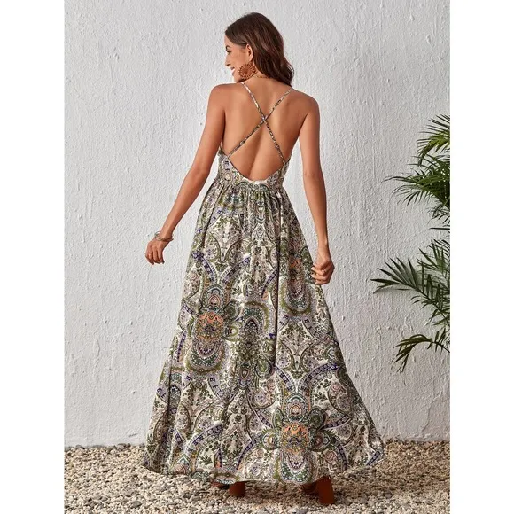 boho gypsy Paisley Print Criss Cross Backless Cami maxi Dress red