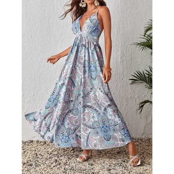 boho gypsy Paisley Print Criss Cross Backless Cami maxi Dress red