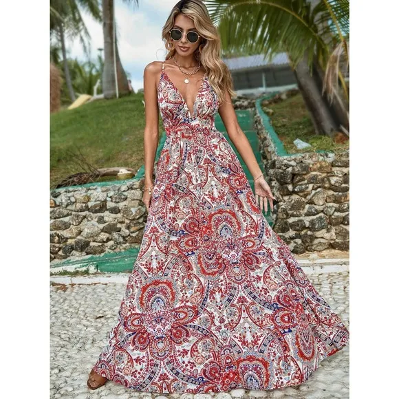 boho gypsy Paisley Print Criss Cross Backless Cami maxi Dress red