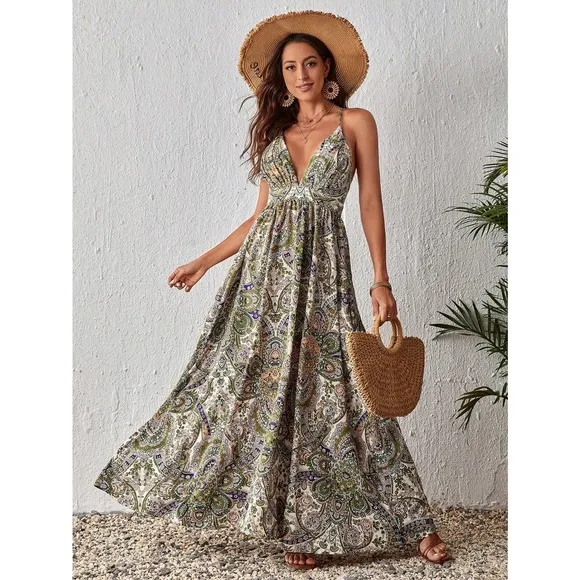 boho gypsy Paisley Print Criss Cross Backless Cami maxi Dress red