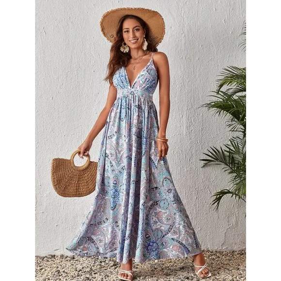 boho gypsy Paisley Print Criss Cross Backless Cami maxi Dress red