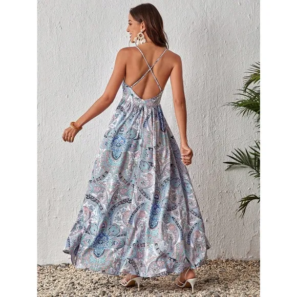 boho gypsy Paisley Print Criss Cross Backless Cami maxi Dress red