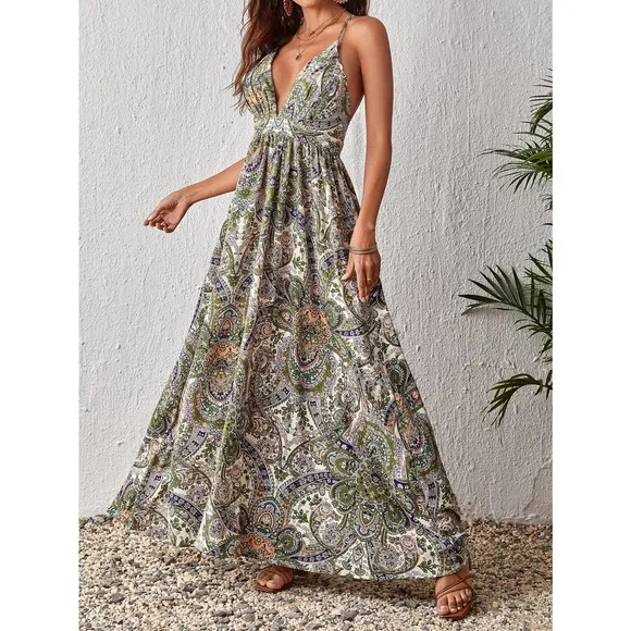 boho gypsy Paisley Print Criss Cross Backless Cami maxi Dress red