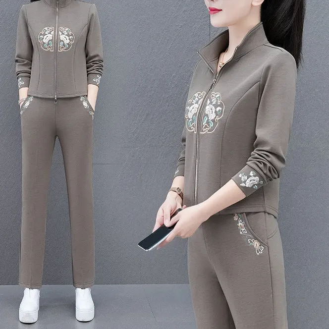 Chic & Youthful New Chinese Style National Wind Two-Piece Sportswear Set – Fashionable Casual Outfit for Women (Spring/Autumn)