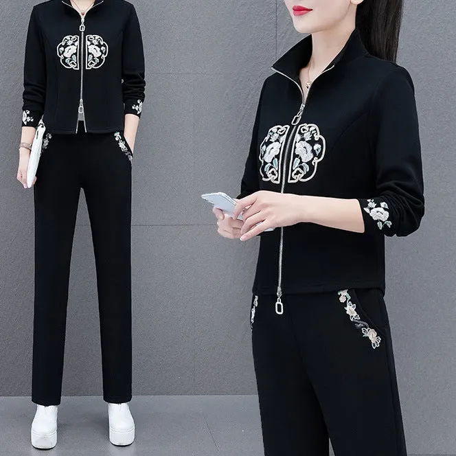 Chic & Youthful New Chinese Style National Wind Two-Piece Sportswear Set – Fashionable Casual Outfit for Women (Spring/Autumn)