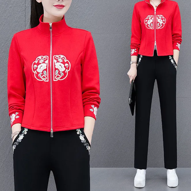 Chic & Youthful New Chinese Style National Wind Two-Piece Sportswear Set – Fashionable Casual Outfit for Women (Spring/Autumn)