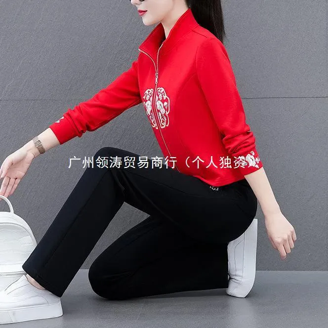 Chic & Youthful New Chinese Style National Wind Two-Piece Sportswear Set – Fashionable Casual Outfit for Women (Spring/Autumn)