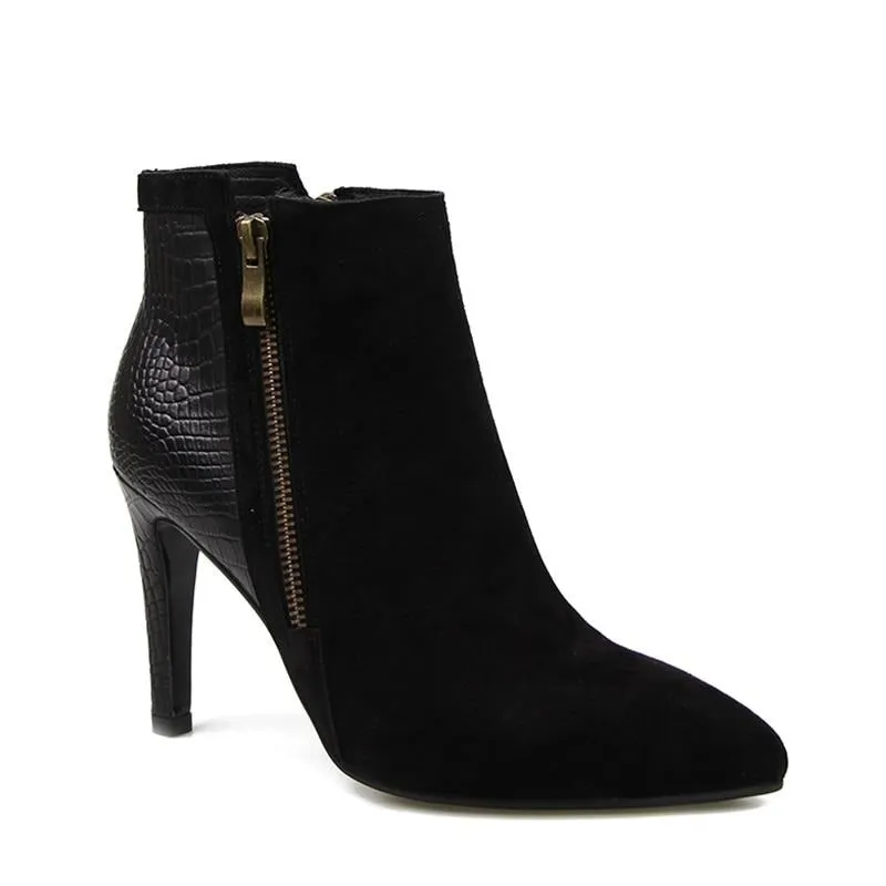 Designer Patchwork Ankle Boots Spring New Arrival Suede Natural Leather Women's High Heel Shoes Side Zipper Female Footwear