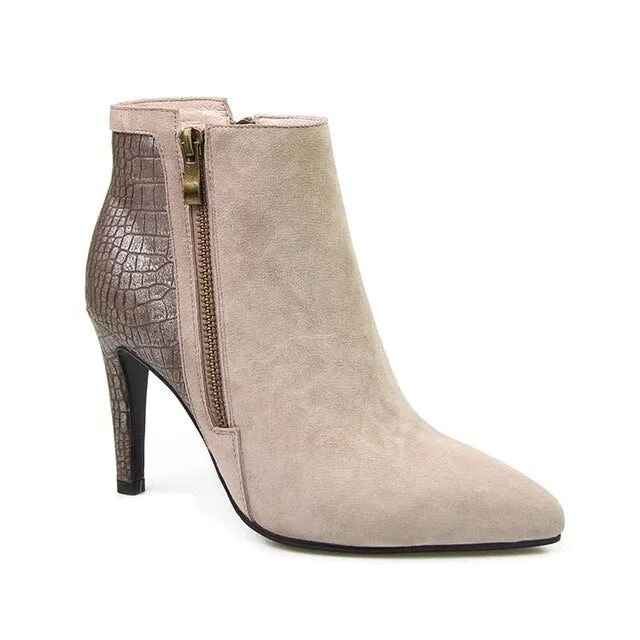 Designer Patchwork Ankle Boots Spring New Arrival Suede Natural Leather Women's High Heel Shoes Side Zipper Female Footwear