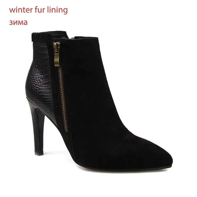 Designer Patchwork Ankle Boots Spring New Arrival Suede Natural Leather Women's High Heel Shoes Side Zipper Female Footwear