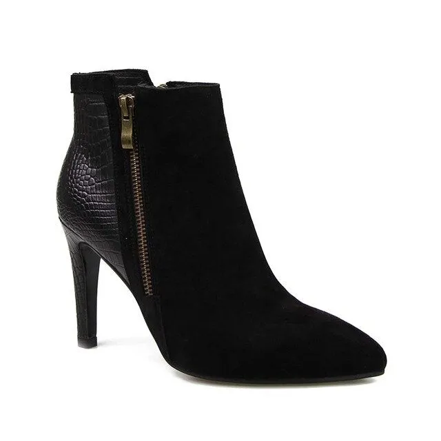 Designer Patchwork Ankle Boots Spring New Arrival Suede Natural Leather Women's High Heel Shoes Side Zipper Female Footwear
