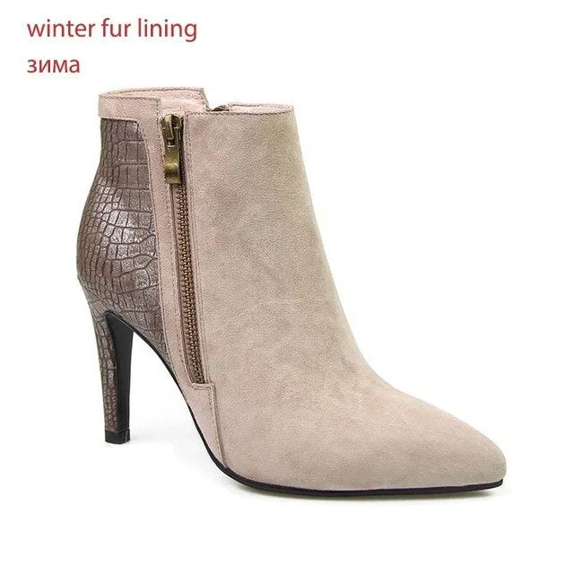 Designer Patchwork Ankle Boots Spring New Arrival Suede Natural Leather Women's High Heel Shoes Side Zipper Female Footwear