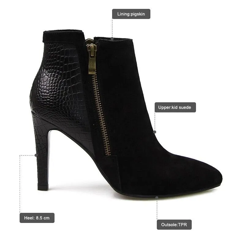 Designer Patchwork Ankle Boots Spring New Arrival Suede Natural Leather Women's High Heel Shoes Side Zipper Female Footwear