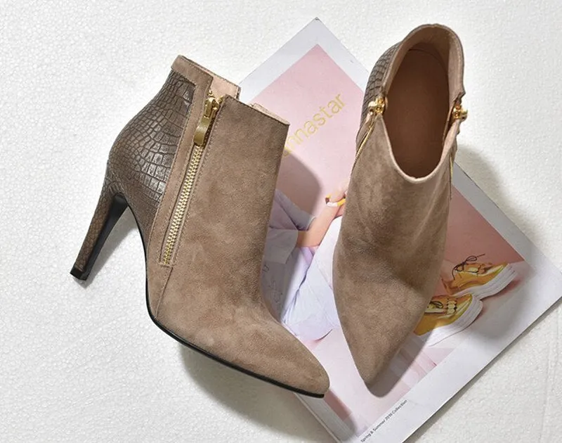 Designer Patchwork Ankle Boots Spring New Arrival Suede Natural Leather Women's High Heel Shoes Side Zipper Female Footwear