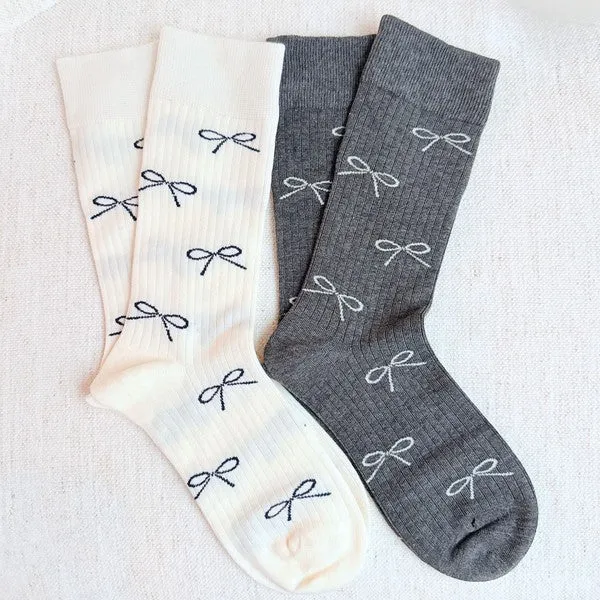 Elex Bow Print Trouser Socks - 2-Pack, Ribbed, White & Gray, One Size