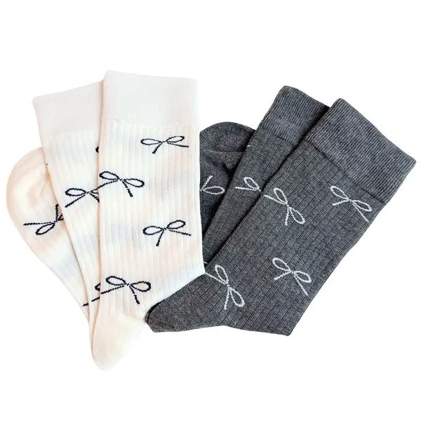Elex Bow Print Trouser Socks - 2-Pack, Ribbed, White & Gray, One Size