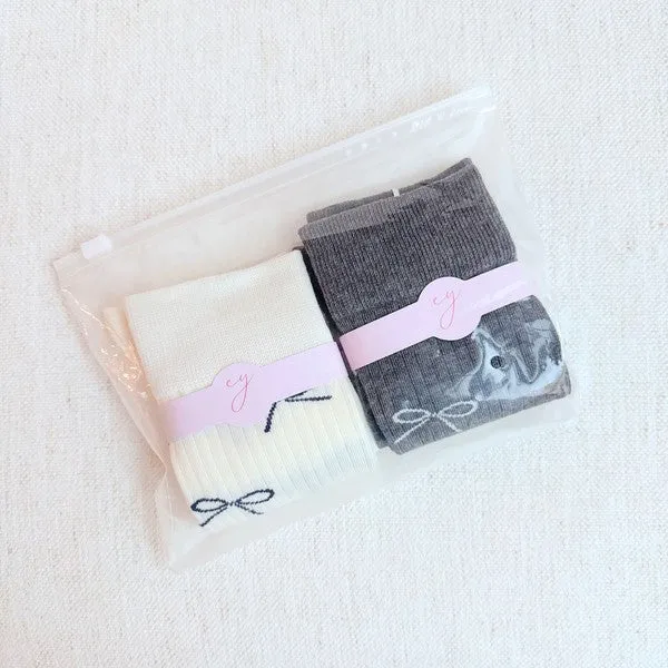 Elex Bow Print Trouser Socks - 2-Pack, Ribbed, White & Gray, One Size