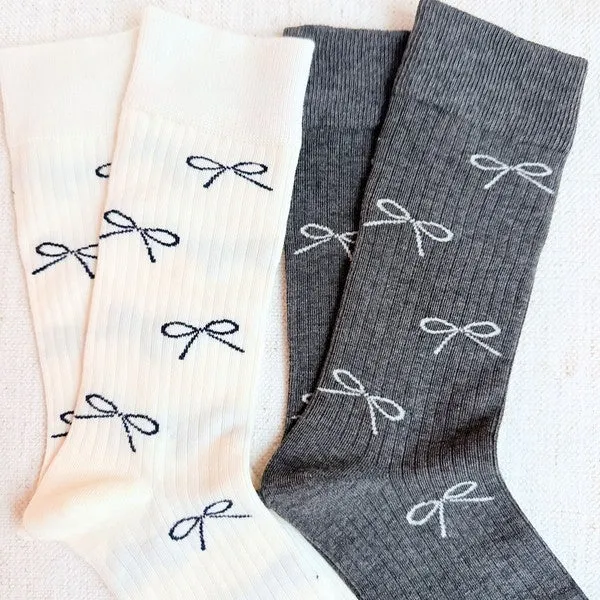 Elex Bow Print Trouser Socks - 2-Pack, Ribbed, White & Gray, One Size