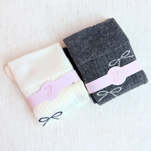 Elex Bow Print Trouser Socks - 2-Pack, Ribbed, White & Gray, One Size