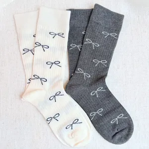 Elex Bow Print Trouser Socks - 2-Pack, Ribbed, White & Gray, One Size