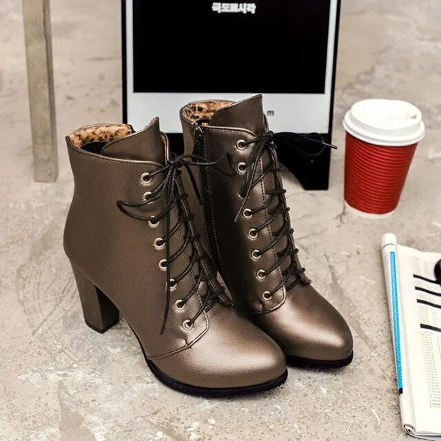 fashion genuine leather lacing boots New round toe zip mid calf boots women Ankle Boots