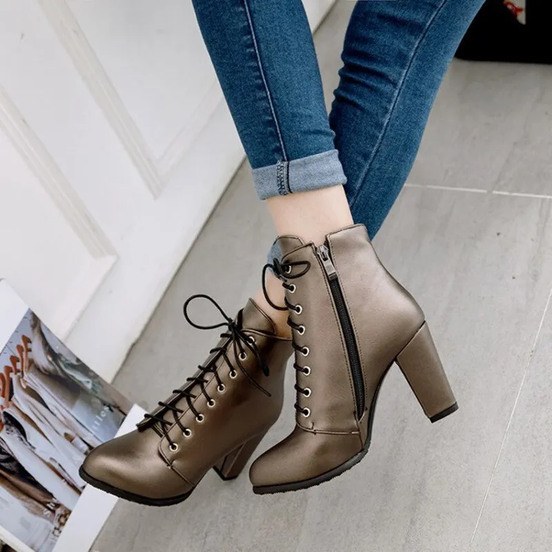 fashion genuine leather lacing boots New round toe zip mid calf boots women Ankle Boots