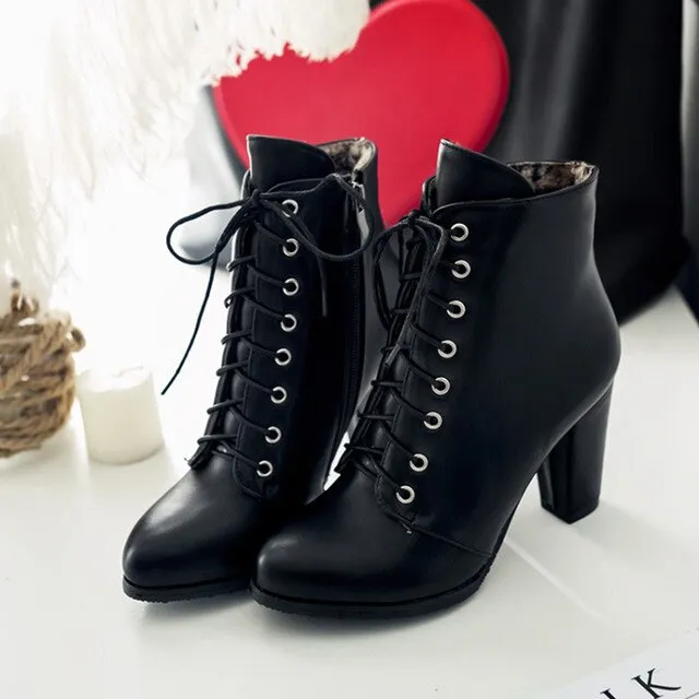 fashion genuine leather lacing boots New round toe zip mid calf boots women Ankle Boots