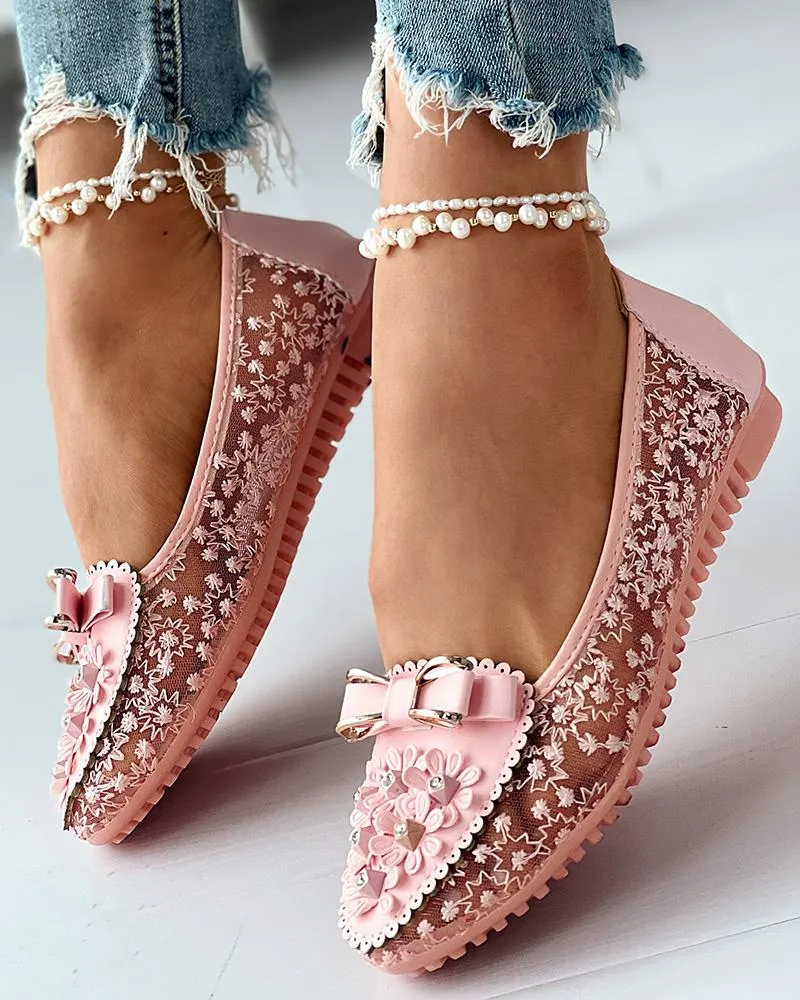 Floral Embroidery Bowknot Decor Work Loafers