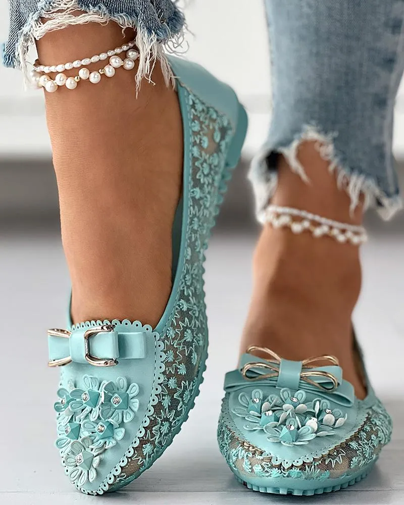 Floral Embroidery Bowknot Decor Work Loafers