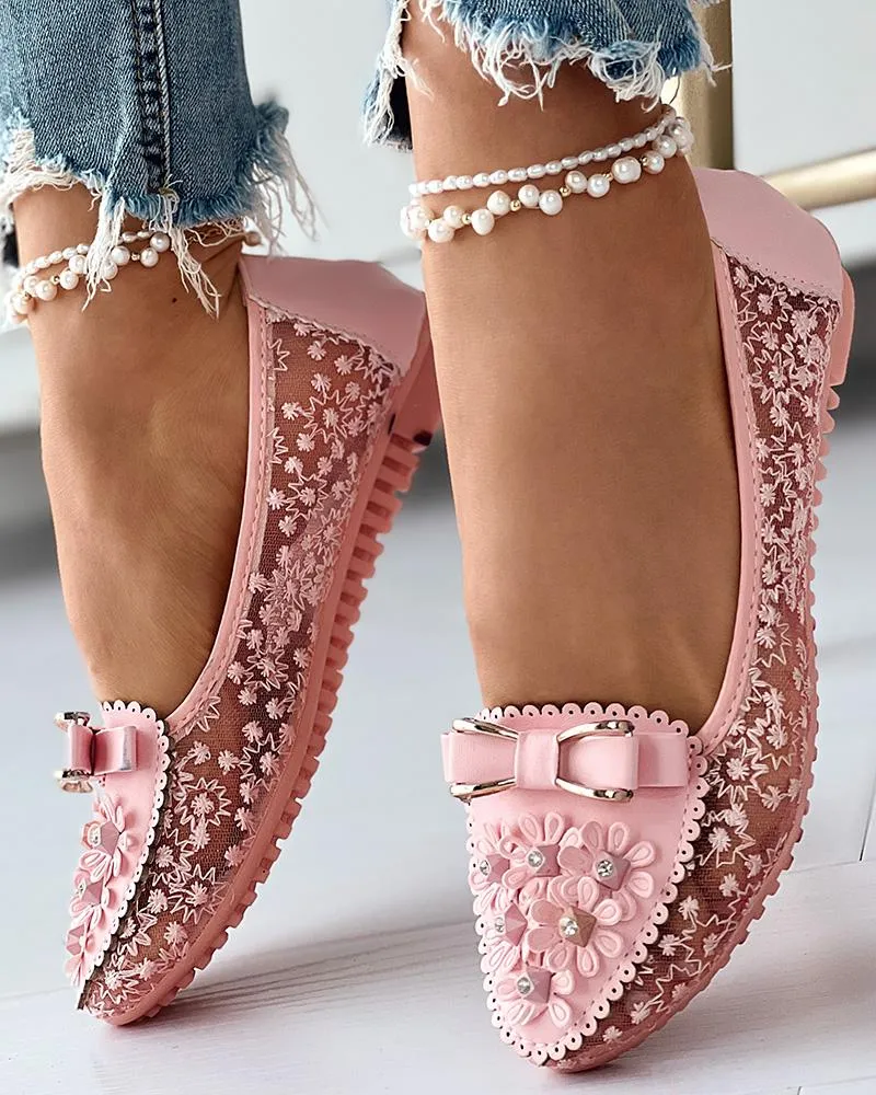 Floral Embroidery Bowknot Decor Work Loafers
