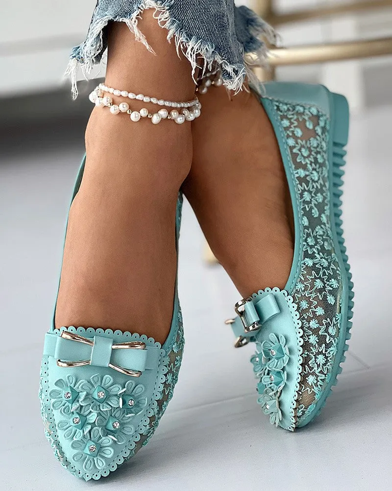 Floral Embroidery Bowknot Decor Work Loafers