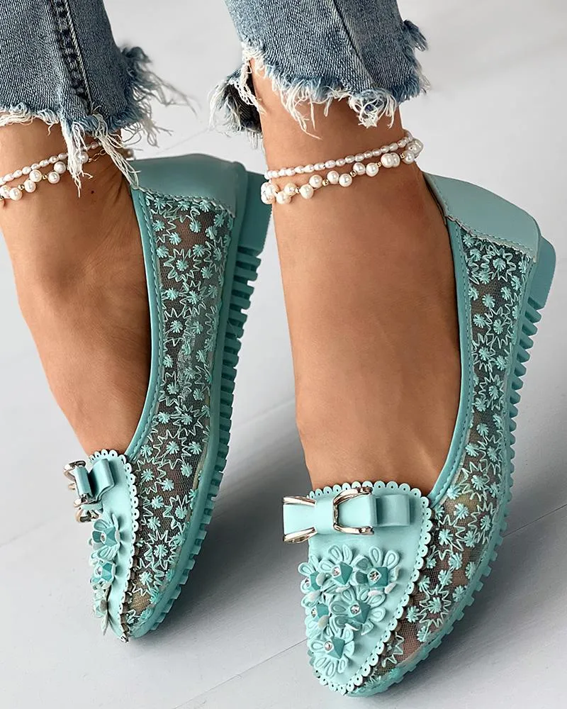 Floral Embroidery Bowknot Decor Work Loafers