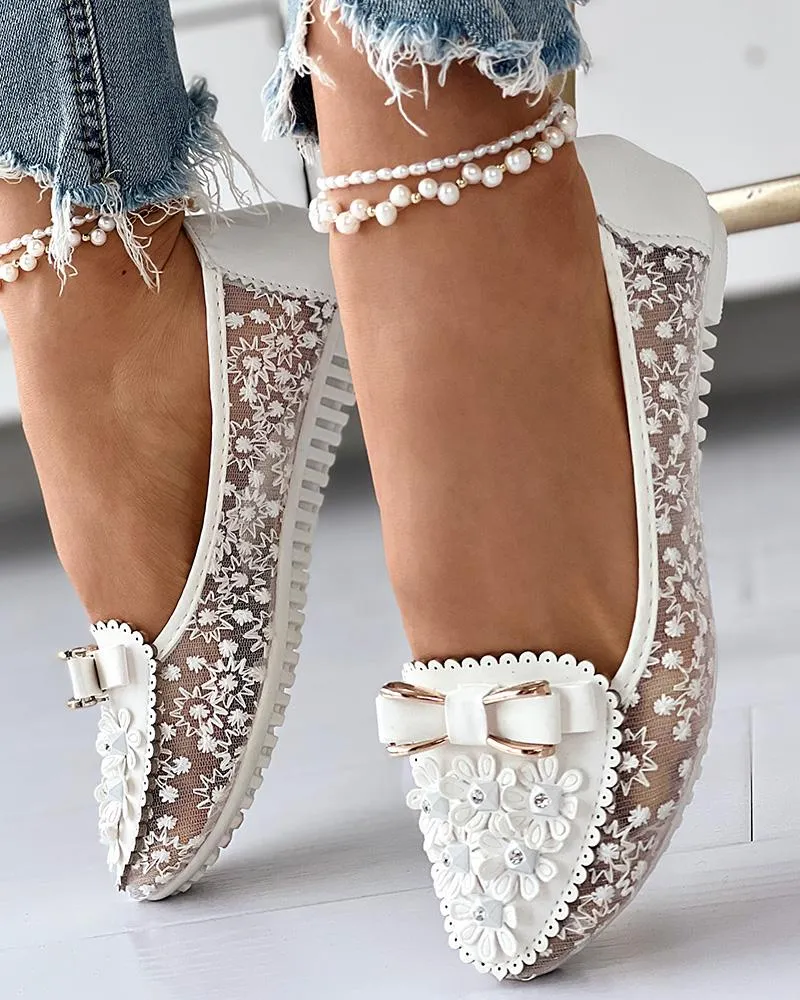 Floral Embroidery Bowknot Decor Work Loafers