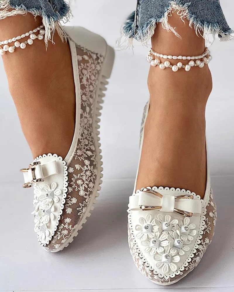 Floral Embroidery Bowknot Decor Work Loafers