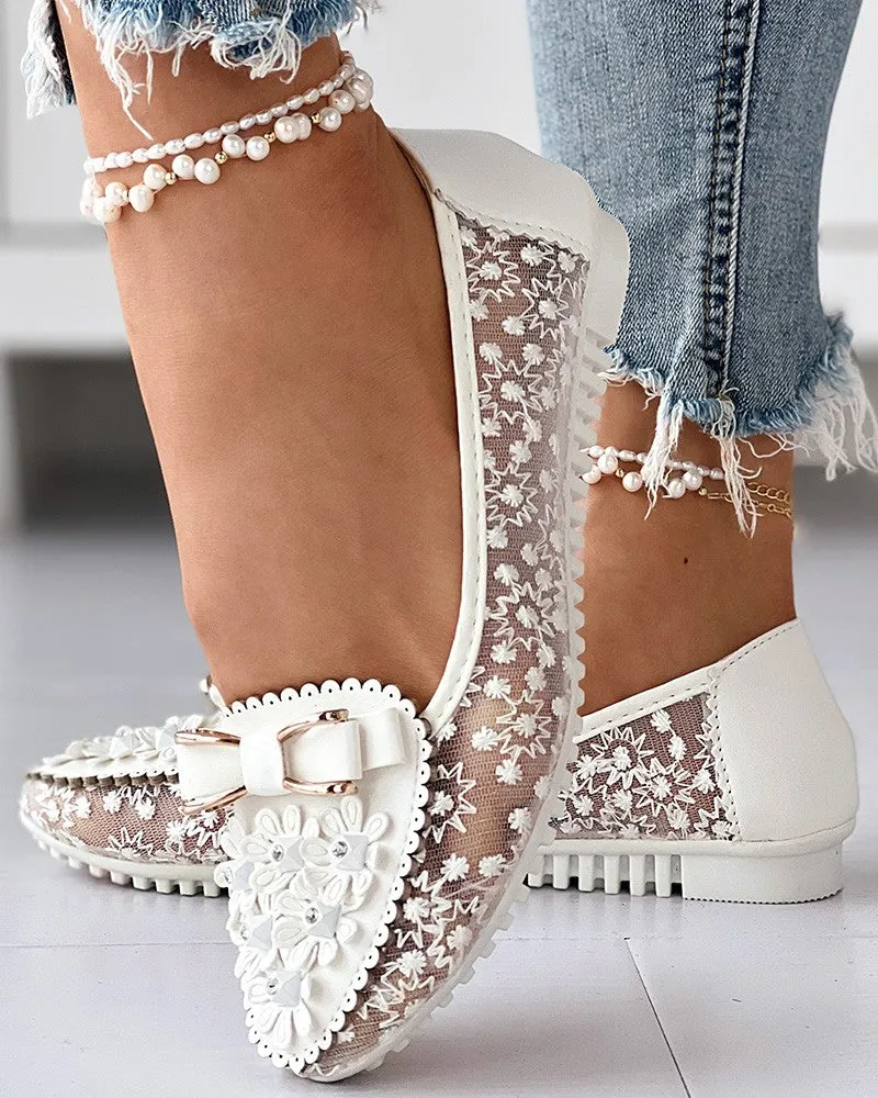Floral Embroidery Bowknot Decor Work Loafers