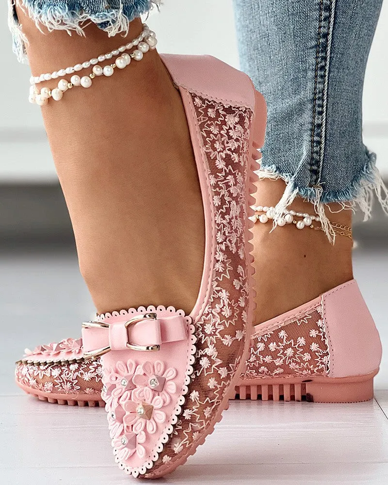 Floral Embroidery Bowknot Decor Work Loafers