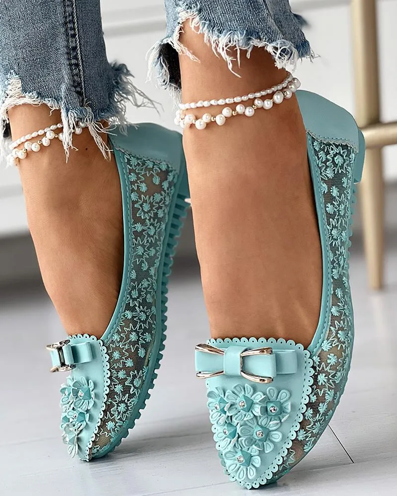 Floral Embroidery Bowknot Decor Work Loafers